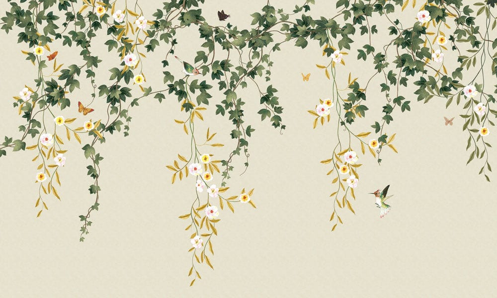 Botanical Garden Vine Mural Wallpaper in Green and Beige Elegant Style
