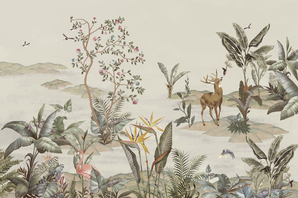 Vintage Woodland Scene Mural: Tranquil Greenery and Wildlife Wallpaper Art