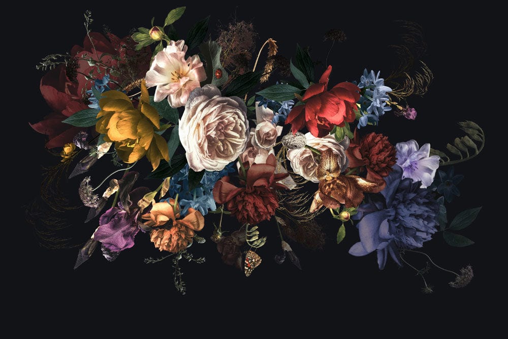 Dark Floral Elegance Mural Wallpaper - Vibrant Vintage Botanical Design