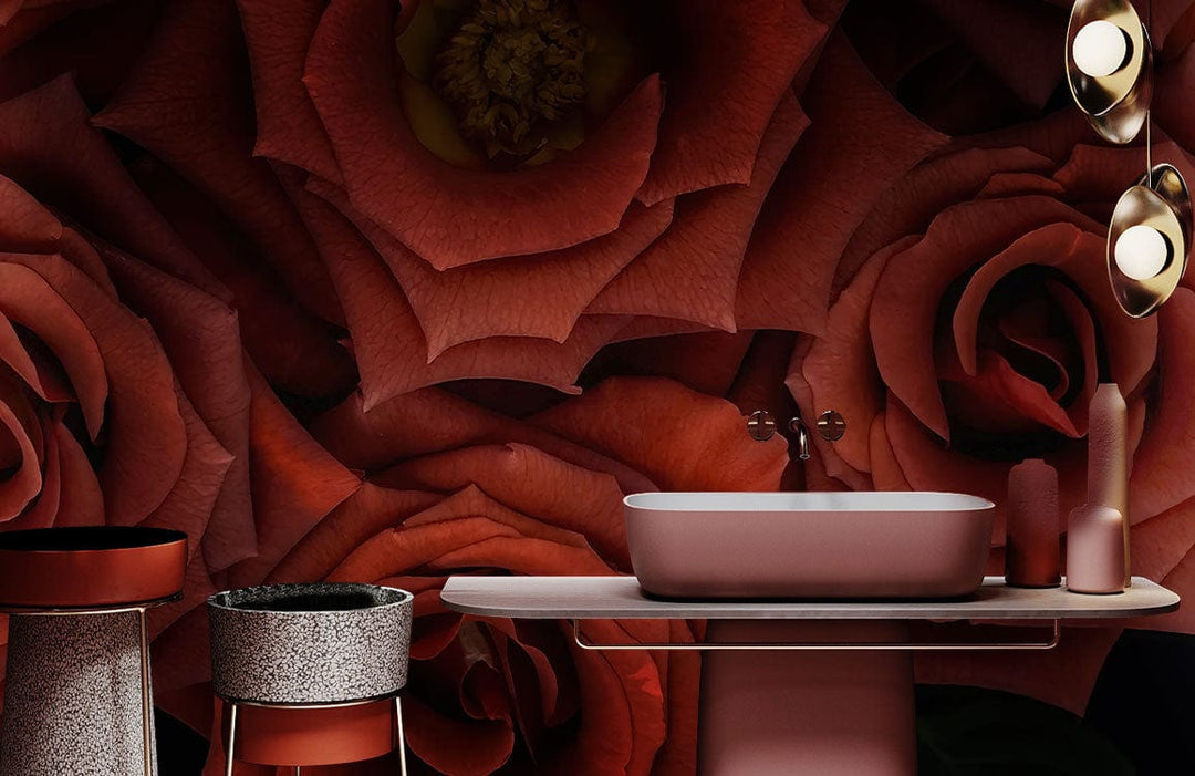 Luxurious deep red rose wallpaper in elegant bathroom with modern fixtures and decor accents.