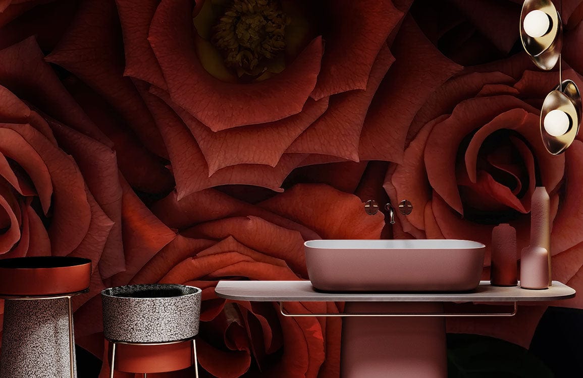 Luxurious deep red rose wallpaper in elegant bathroom with modern fixtures and decor accents.