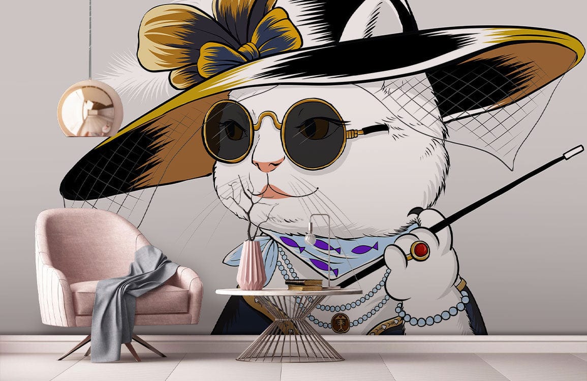 Elegant cat in hat wallpaper with accessories; pink chair; round table; modern room decor.