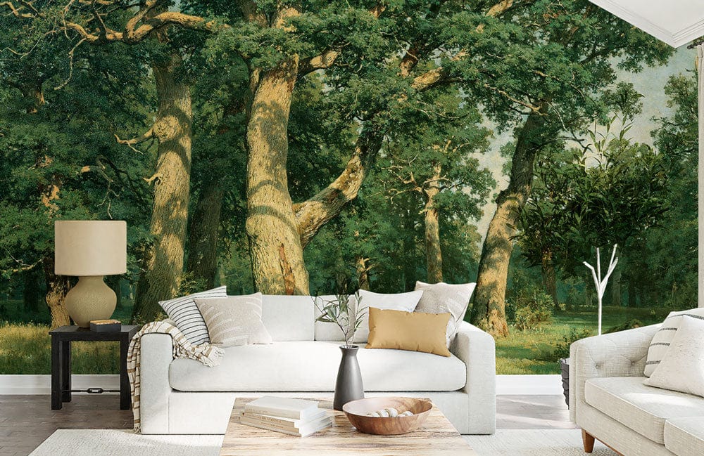 Luxurious living room featuring Timeless Oak Forest Scene Mural Wallpaper with cream sofa and wood flooring.