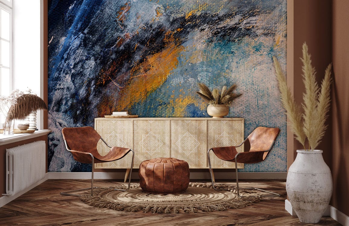 Abstract Blue Orange Textured Mural Wallpaper, modern room decor with brown chairs and chevron flooring.