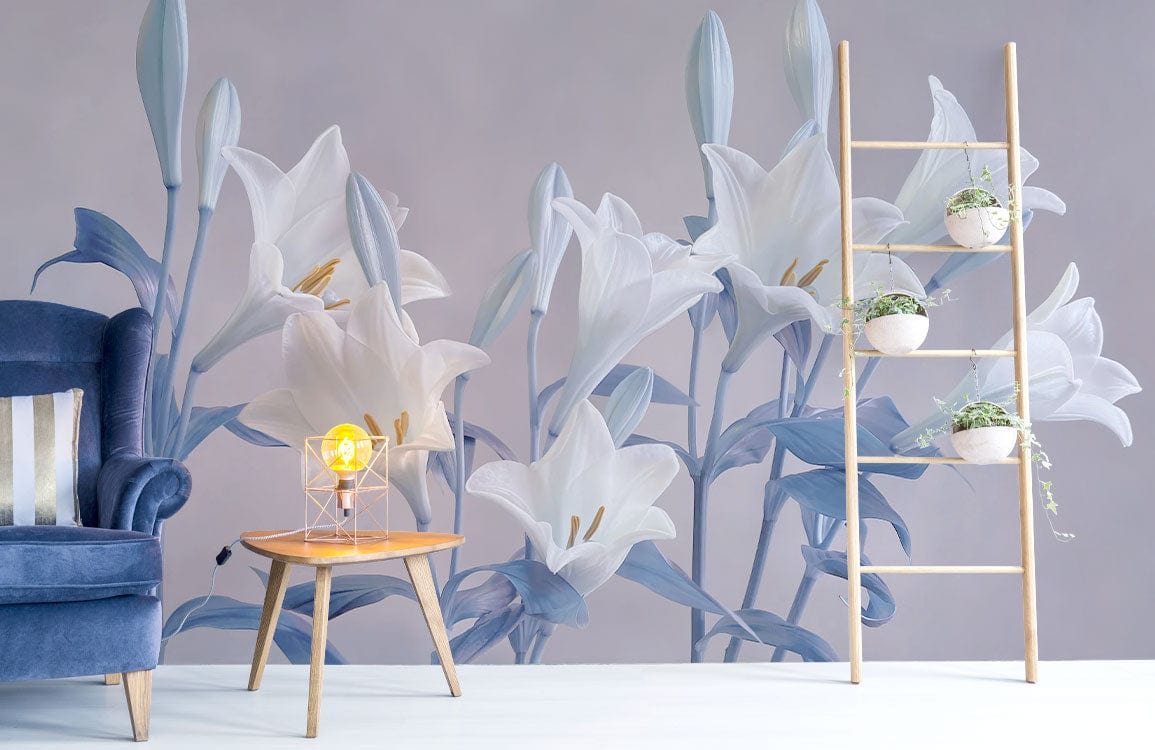 Blue Flowers Ombre Wallpaper Mural for Foyer Decorations.