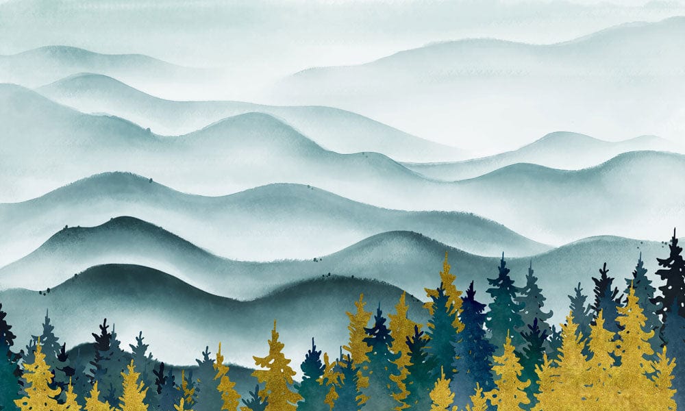 Tranquil Blue Forest and Misty Mountains Scenic Mural Wallpaper Design