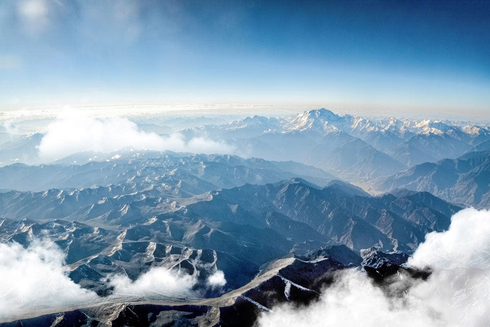 Panoramic Mountain Vista Mural Wallpaper - Cool Blue Scenic Landscape Design