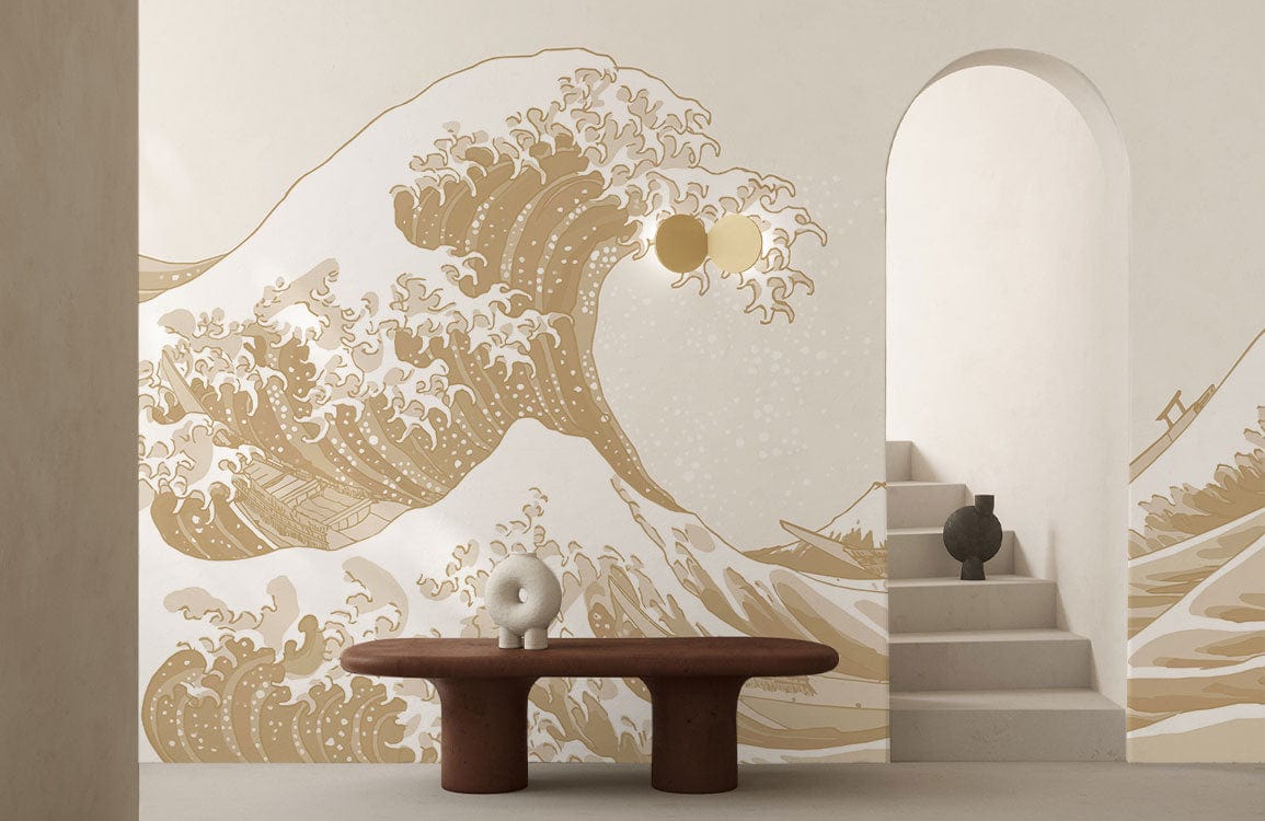 Beige Japanese Wave Mural Wallpaper in elegant coastal decor with archway, stairs, and modern bench.