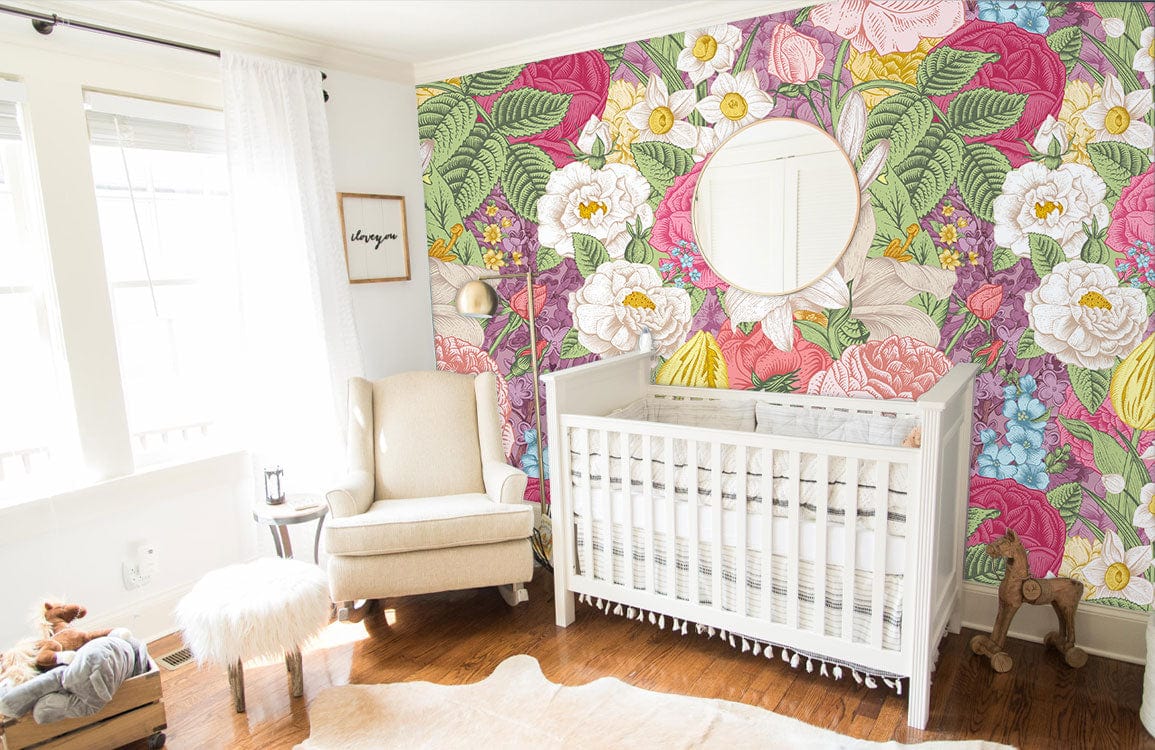 Vibrant Floral Garden Bliss wallpaper in vintage design; nursery with cream chair, white crib, hardwood floor.