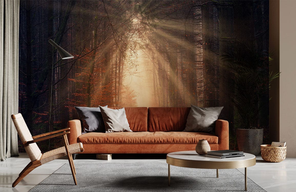 Enchanted Forest Path Mural Wallpaper with autumn Décor, featuring brown sofa, modern floor lamp, grey rug.