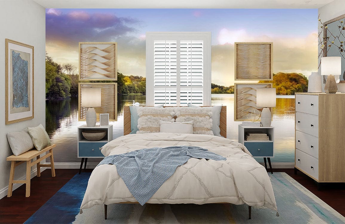 Tranquil lakeside mural wallpaper with serene swan, sunset reflection in stylish bedroom setting.