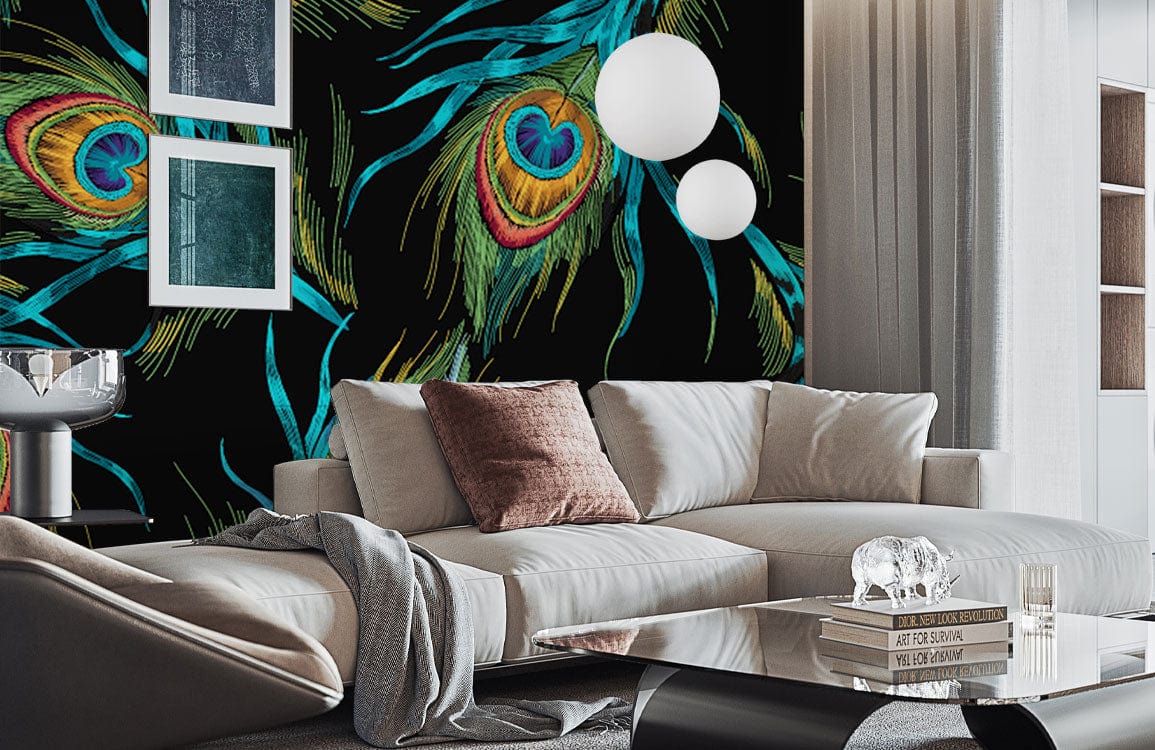 Tropical Peacock Feather Wallpaper in living room, beige sofa, modern decor, black flooring.