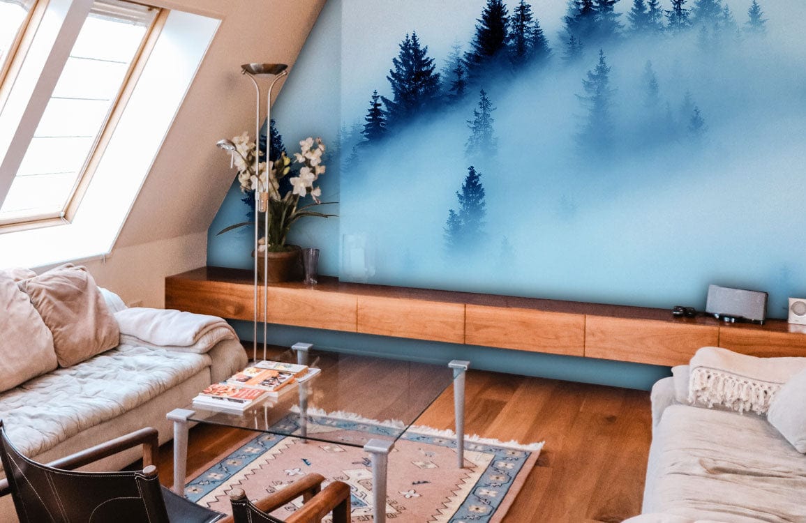 Serene Misty Forest Wallpaper in blue tones, complementing modern living room with wooden flooring.