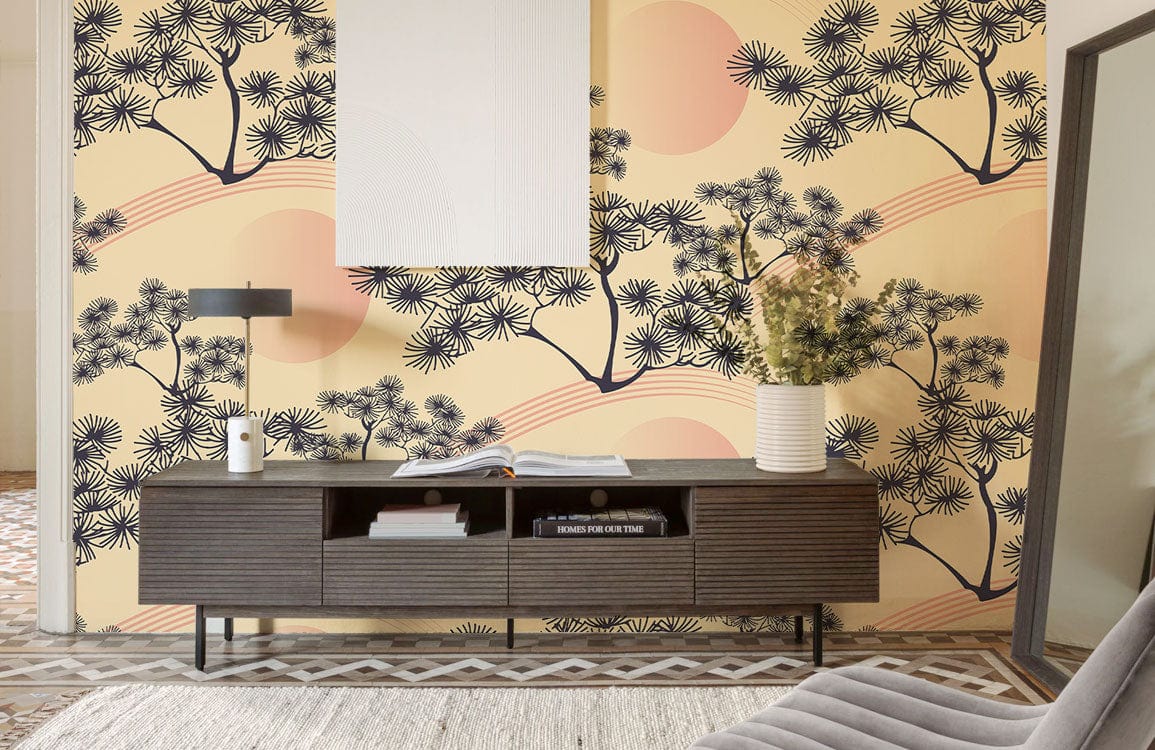 Vintage Oriental Sunset Wallpaper in living room with grey sofa, dark wood sideboard, patterned flooring.