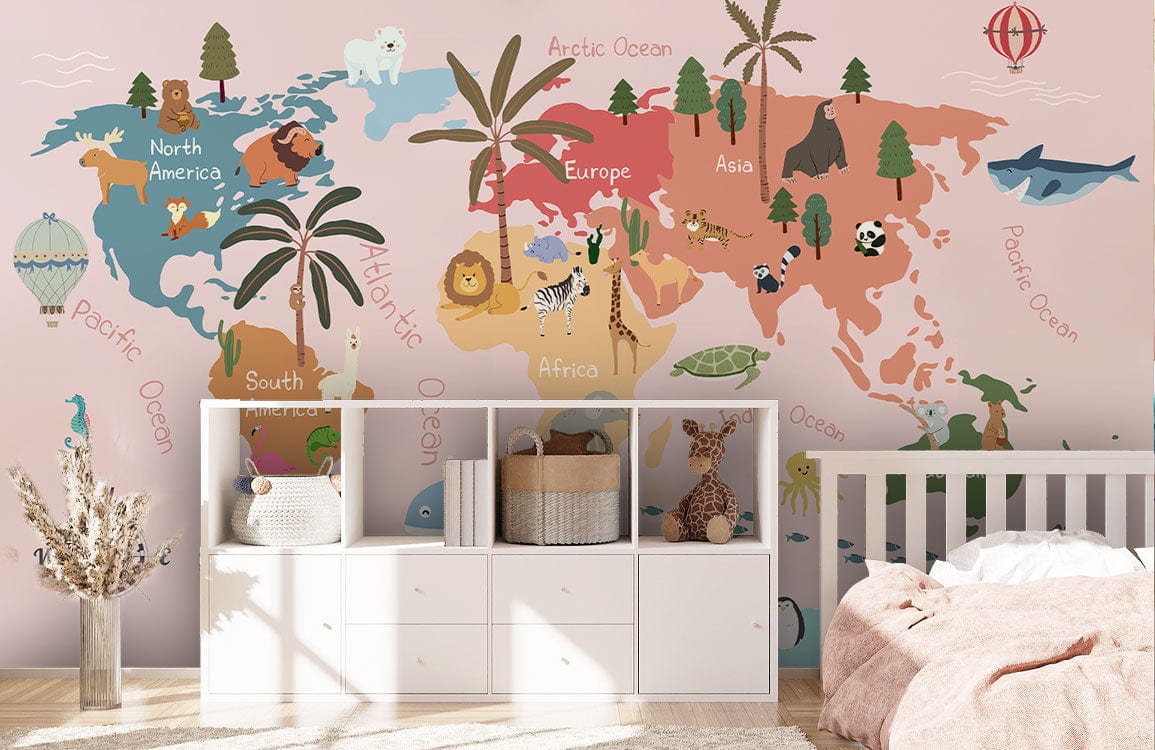 Whimsical pastel world map wallpaper in kids' room with white shelving, crib, and wooden flooring.