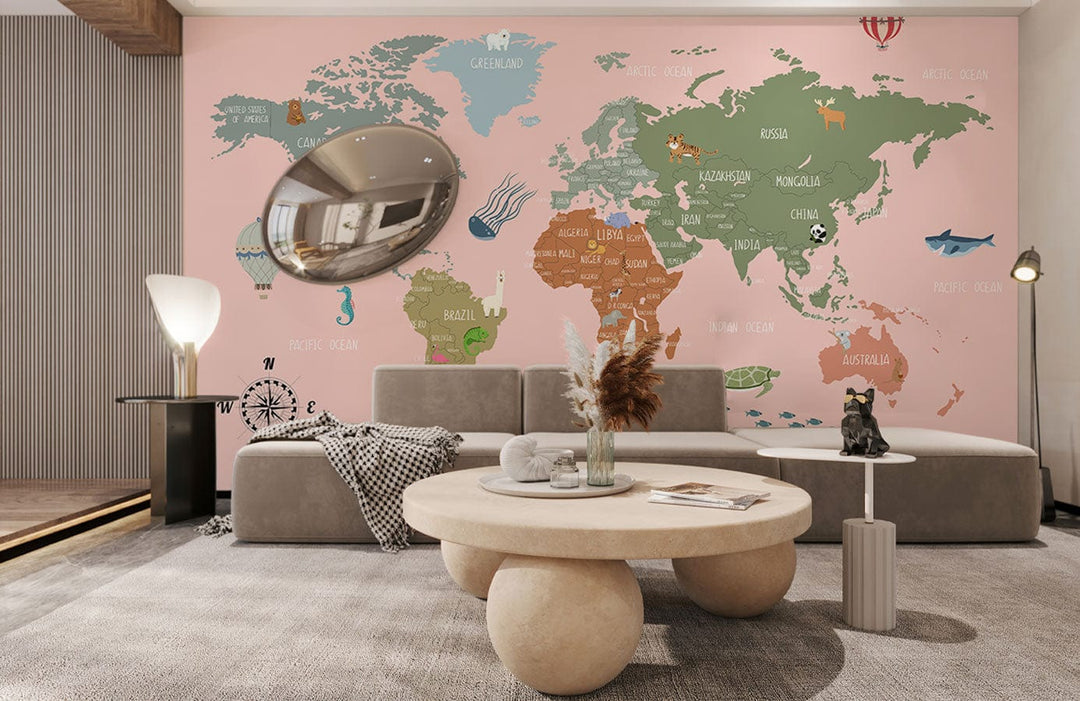Charming pastel world map mural in kids' adventure room with grey sofa, round table, and beige flooring.