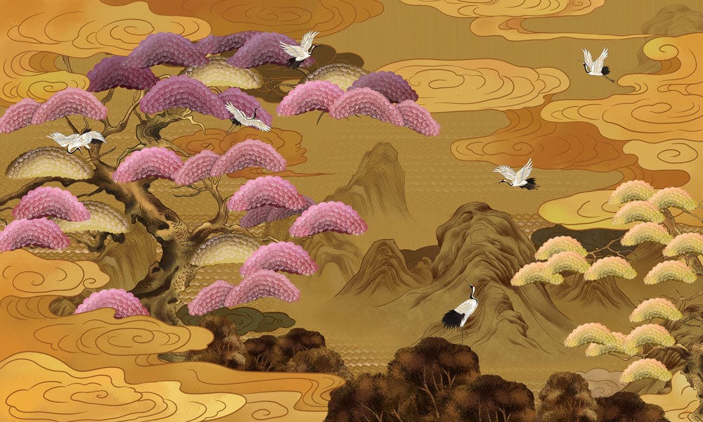 Elegant Golden Landscape Mural Wallpaper with Birds and Pink Trees Design