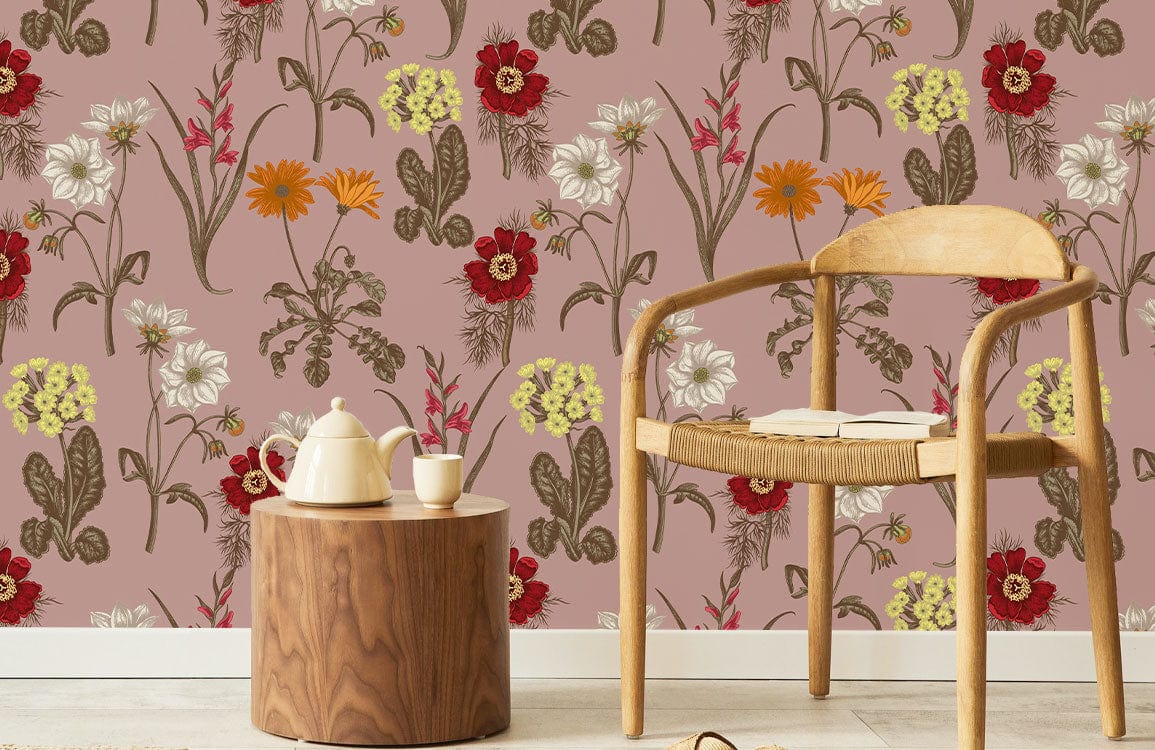 Chair and table on floral wallpaper in warm red, earthy tones; Vintage Floral Blossom.