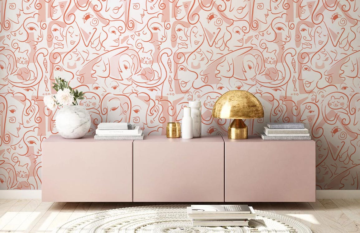 Abstract Line Art Coral Pink Mural Wallpaper with cabinet, golden lamp, light flooring, modern interior design.