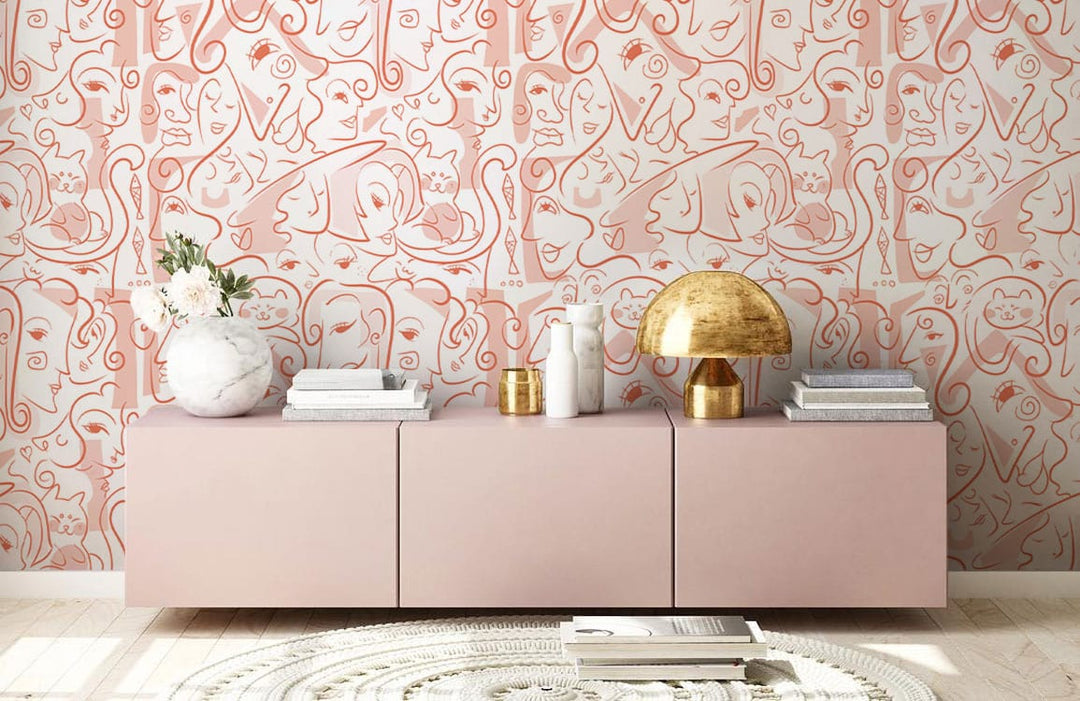 Abstract Line Art Coral Pink Mural Wallpaper with cabinet, golden lamp, light flooring, modern interior design.