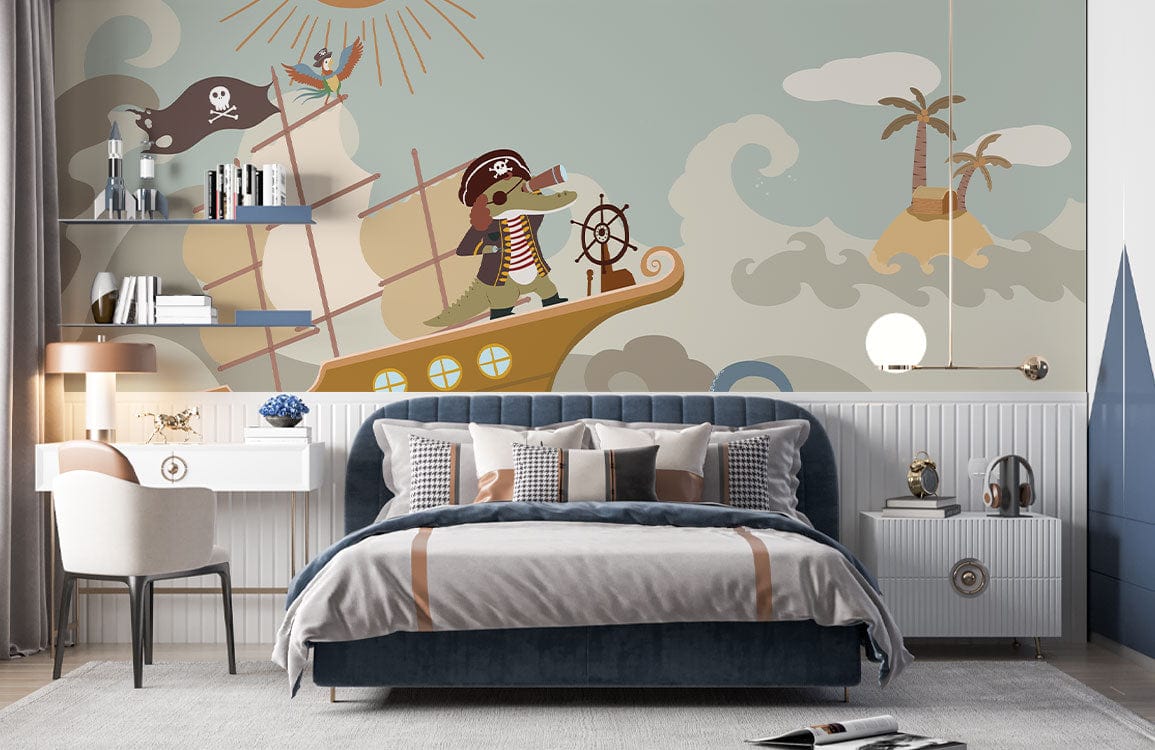 Playful Pirate Adventure Mural in children's room with grey sofa, nautical decor, and wooden flooring.