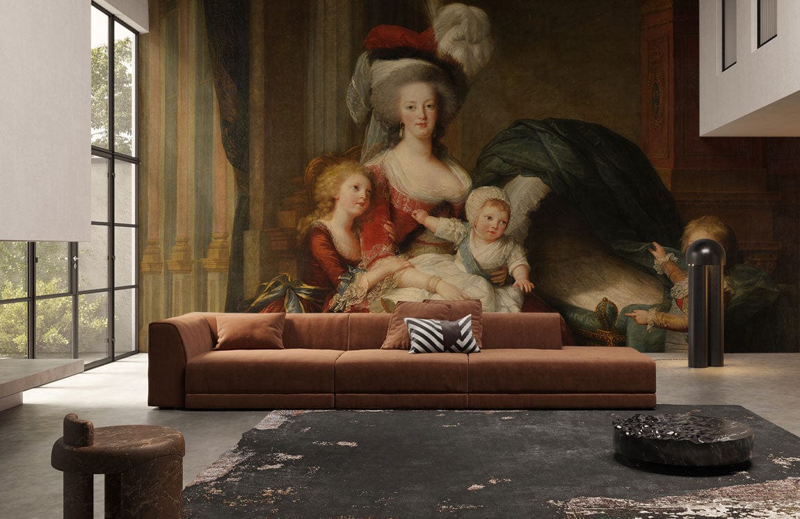 Elegant mural wallpaper, Baroque style, with brown sofa, modern loft space, concrete flooring, natural light.