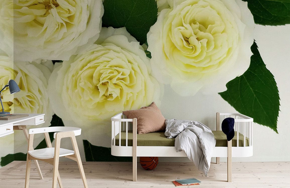 Cream Rose Floral Elegance wallpaper with flowers, modern wooden cot, desk, and soft beige flooring.