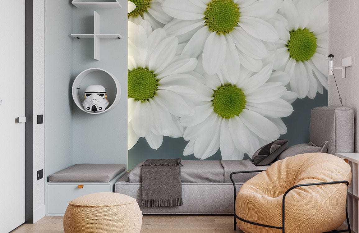 Elegant white daisy floral wallpaper in modern living room with grey sofa, beige chair, and shelves.