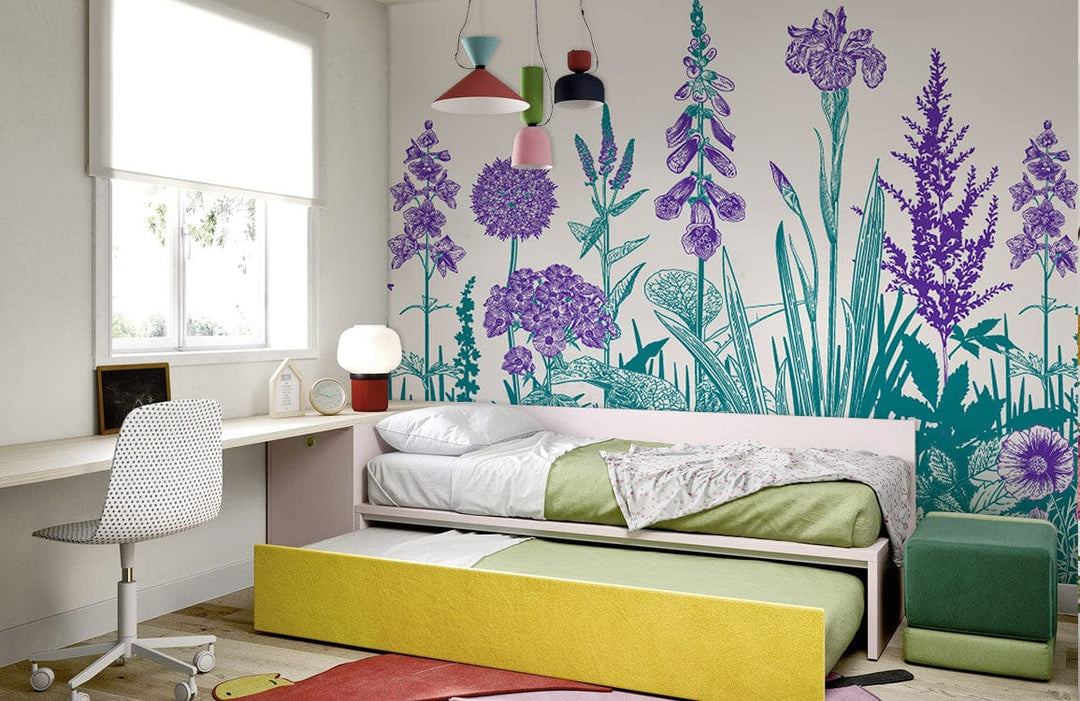Elegant floral wallpaper in purple and teal with modern bedroom furniture, colourful pendant lighting, wooden flooring.