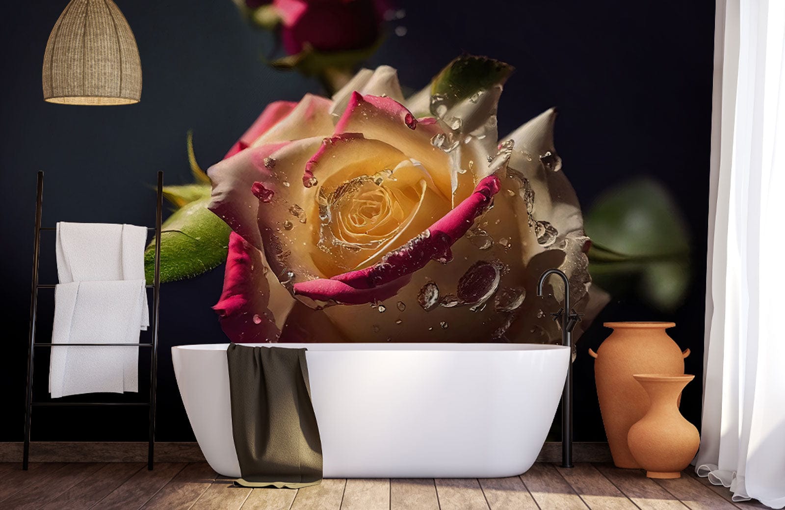 Bathroom Wall Decoration Featuring a Rainbow Rose Wallpaper Mural