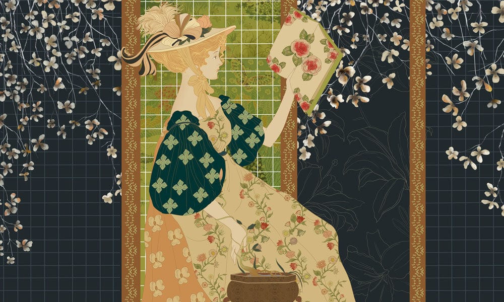 Vintage Lady Garden Floral Mural Wallpaper - Elegant Art Nouveau Style