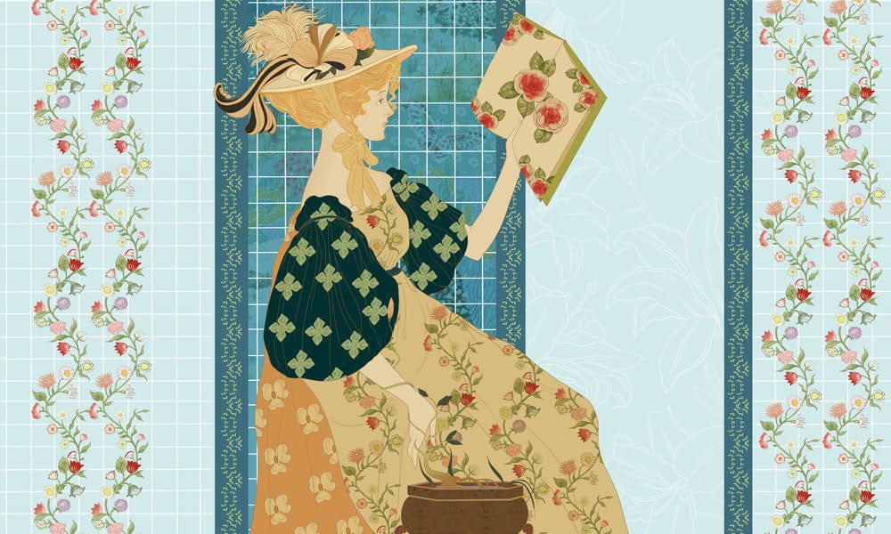 Vintage Floral Lady Wallpaper Mural, Pastel Blue and Green Elegance