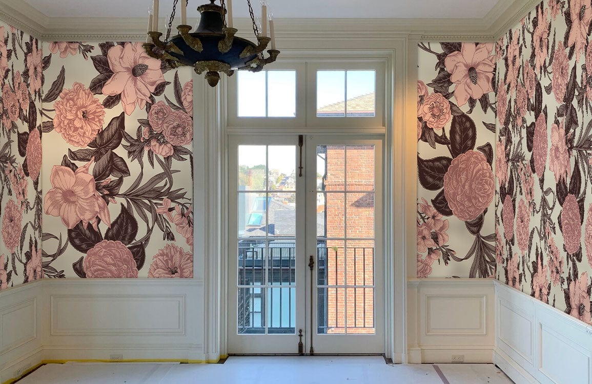 Vintage Floral Blossom Wallpaper in pink and brown adorning elegant feature walls in a classic room.