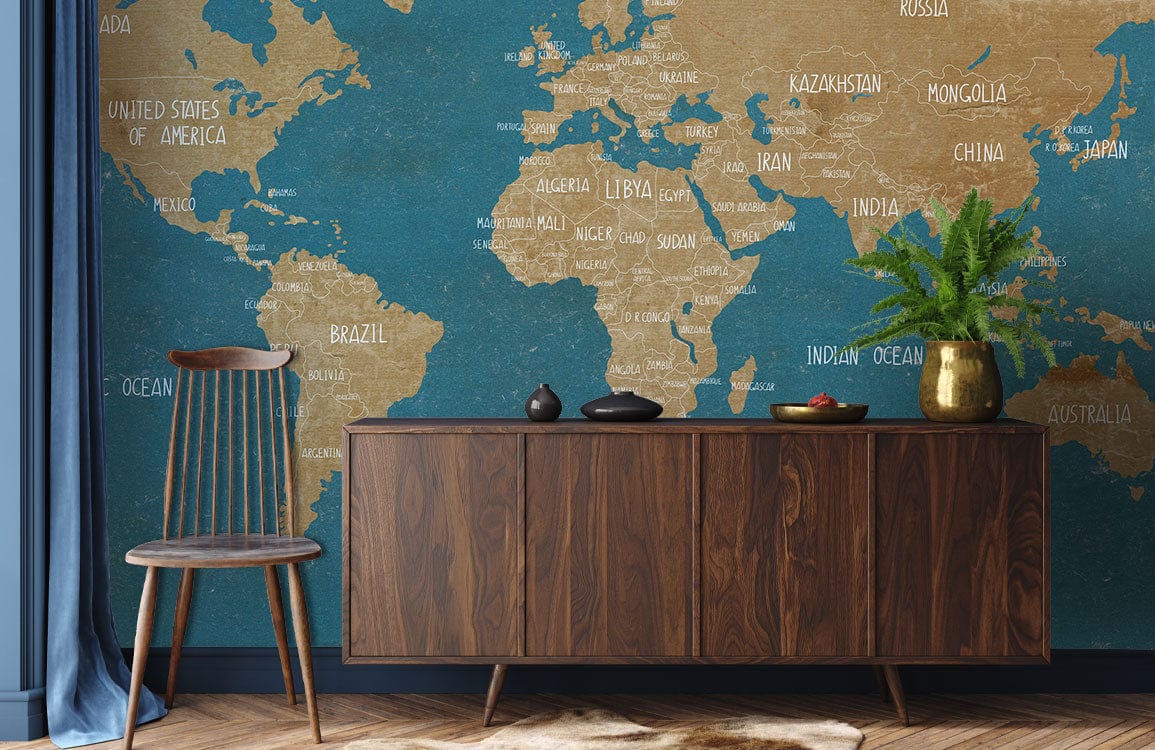 Retro Turquoise Map Wallpaper Mural