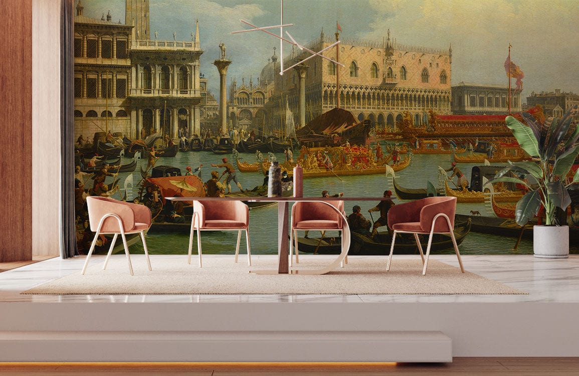 Historic Venetian Canal Scene Mural Wallpaper in elegant dining room with modern chairs, light flooring.