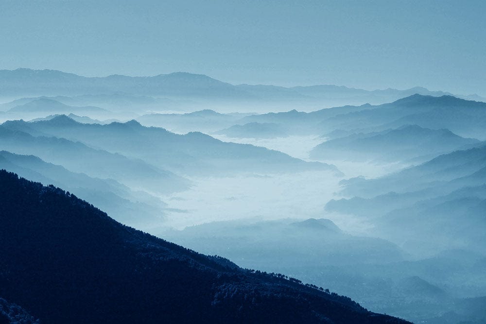 Tranquil Blue Misty Mountains Scenic Landscape Mural Wallpaper Art