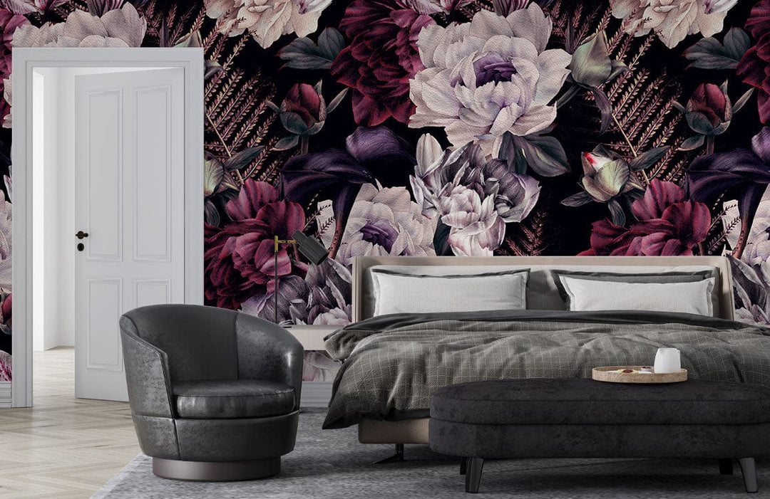 Gothic Floral Elegance wallpaper in a bedroom with grey furniture and white door, vintage style.