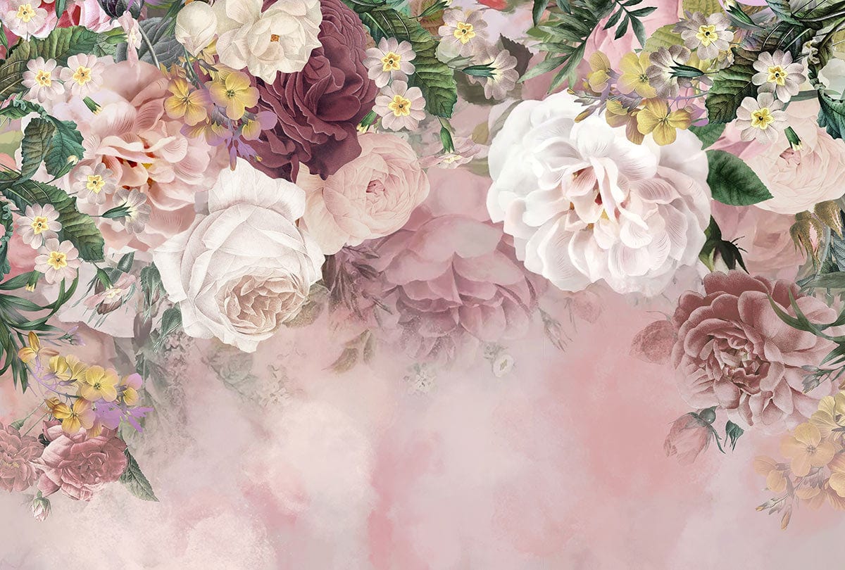 Vintage Pink and Cream Floral Garden Mural Wallpaper for Elegant Interiors