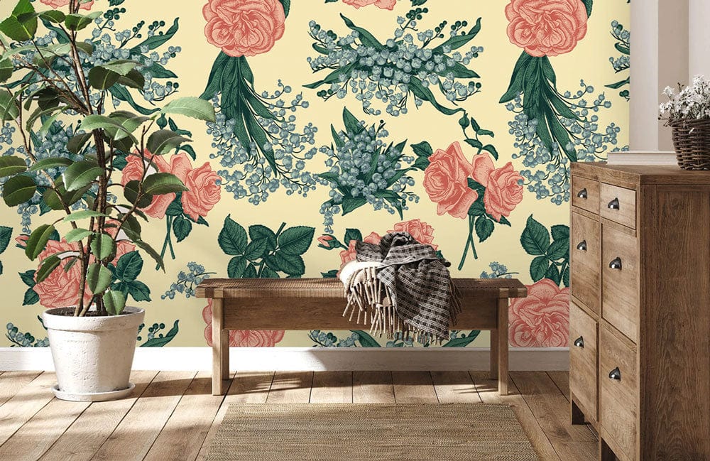 Vintage floral wallpaper in soft pink and green, with wooden bench and natural wood flooring.