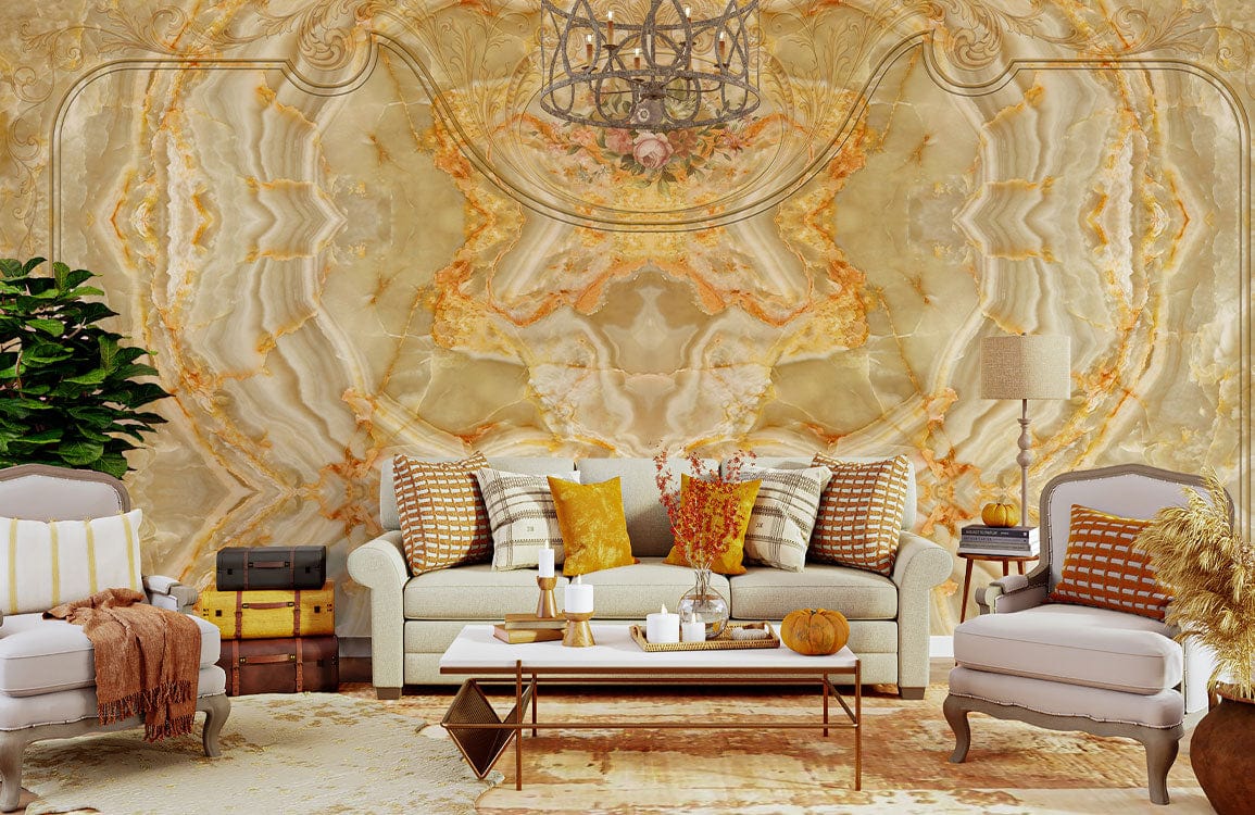 Elegant lounge with golden marble mural wallpaper, cream sofa, accent chairs, wooden coffee table, chandelier.
