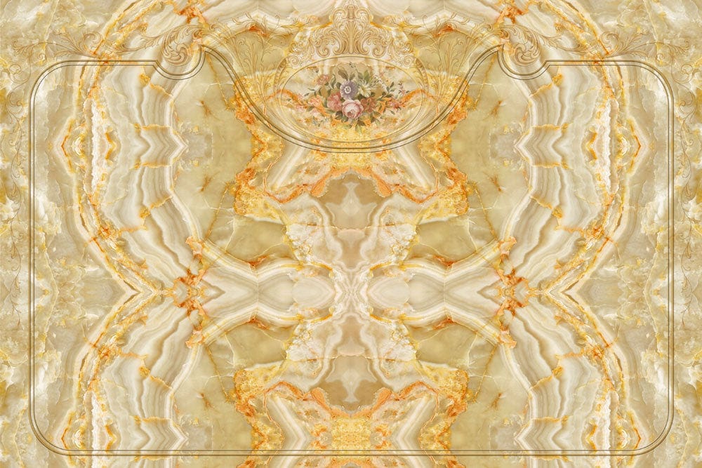 Elegant Golden Marble Texture Mural Wallpaper with Intricate Floral Design