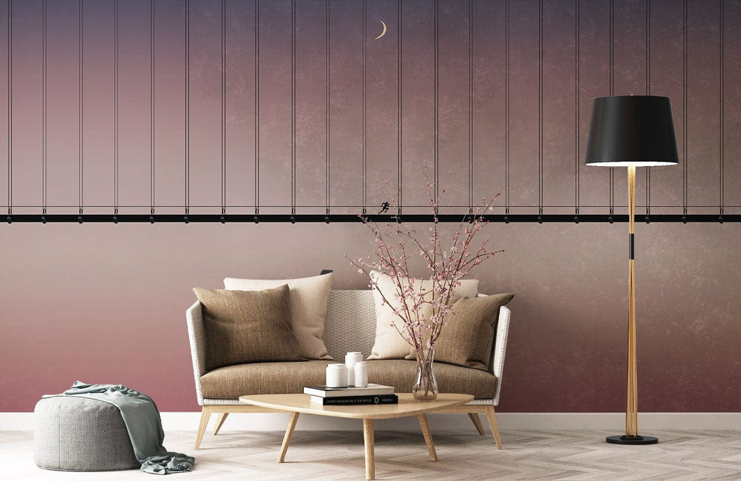 Modern living room with Serene Dusky Bridge Mural, elegant gradient; grey sofa, wooden table, floor lamp.