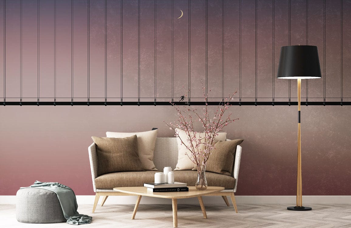 Modern living room with Serene Dusky Bridge Mural, elegant gradient; grey sofa, wooden table, floor lamp.