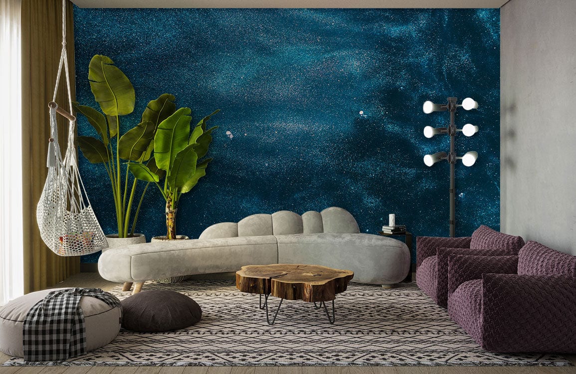 Midnight Ocean Blue Abstract Textured Wallpaper, modern design, grey curved sofa, purple chairs, patterned rug.