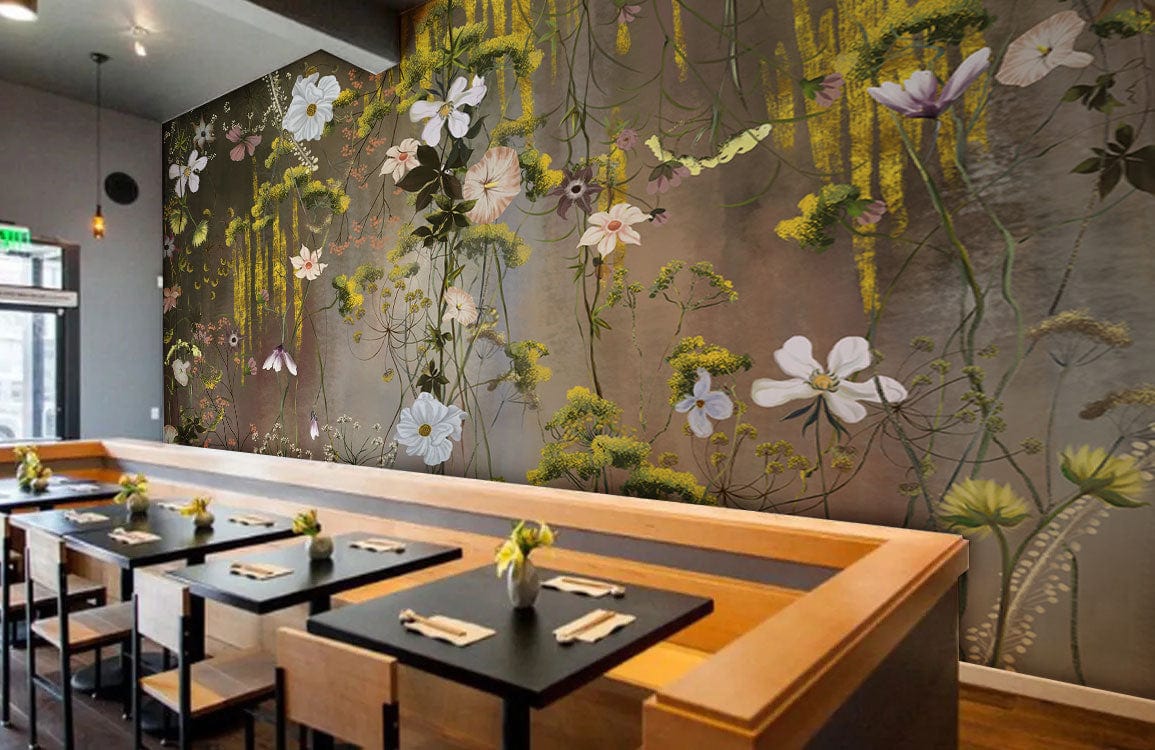 Restaurant adorned with Whimsical Floral Dreamscape Mural Wallpaper, vintage botanical elegance against wooden flooring.