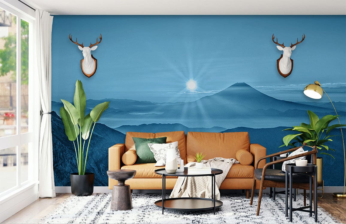 Tranquil sunrise mural wallpaper, tan sofa, white rug, wall art in modern living room setting.