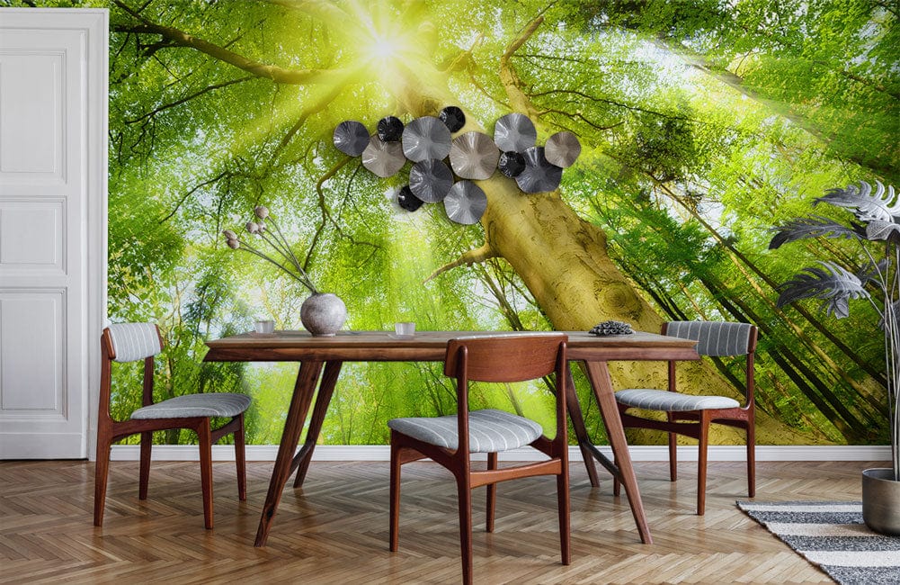 Modern dining room with vibrant sunlit forest mural wallpaper, wooden dining set, parquet flooring, wall art.