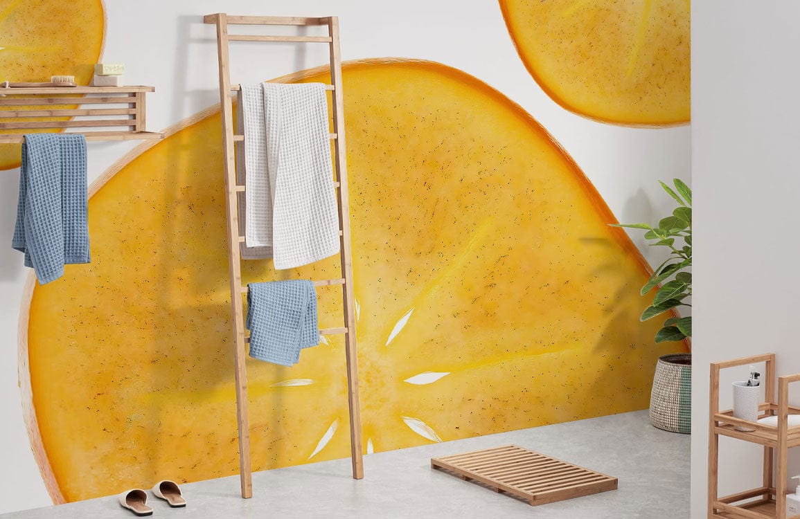 Golden Persimmon Slice Wallpaper in bathroom with wooden ladder, neutral floor, complementing bath accessories.