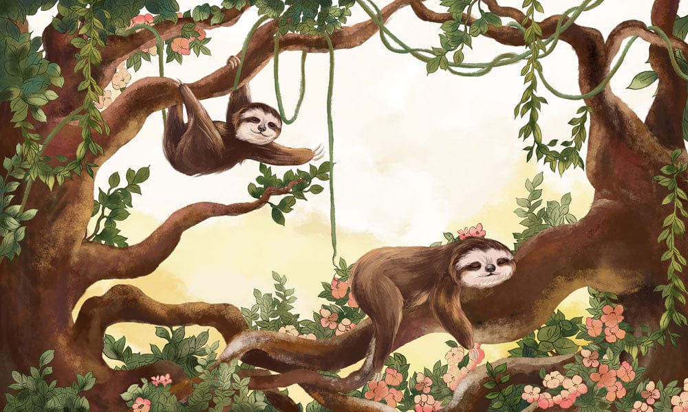 Charming Woodland Sloth Mural Wallpaper in Earthy Tones for Kids' Rooms