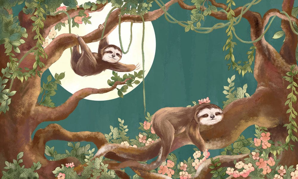 Enchanting Sloth Jungle Mural Wallpaper with Moonlit Greenery Delightful Design